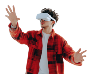 PNG Young man using VR goggles and gesturing white interactive triumphant.