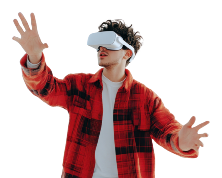 PNG Young man using VR goggles and gesturing white interactive triumphant.