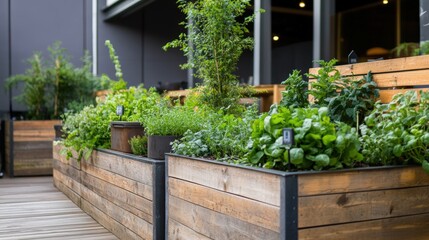 Urban Oasis: A vibrant urban garden thrives in wooden planters on a rooftop terrace. Lush greenery and fresh herbs flourish, a testament to sustainable living.