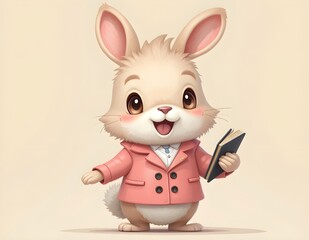 Cartoon illustration of a stylish rabbit wearing a pink blazer, holding a thick book. Stylish and cheerful, this rabbit is ready to face the world with enthusiasm
