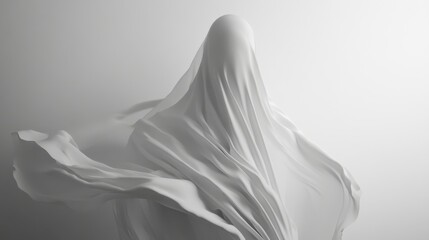 White fabric ghostly figure in motion on plain background, flowing textures and ethereal form. Halloween and supernatural theme concept