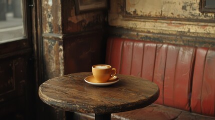 Cozy caf? scene with wooden table and steaming coffee cup in vintage surroundings inviting relaxation