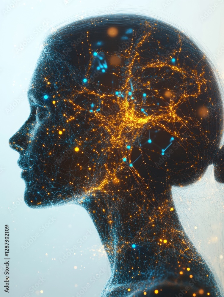 Poster Complex neural connections illuminate a human head silhouette representing artificial intelligence and cybernetic enhancements. Generative AI