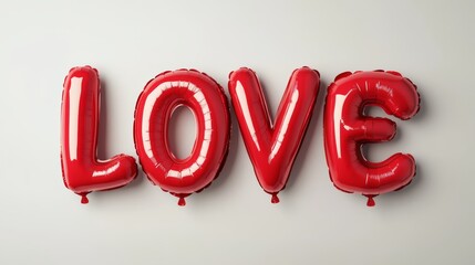 Red inflatable balloon letters spelling love on a light background, romantic holiday decoration. Valentine&rsquo;s day and celebration concept