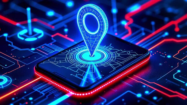 Digital smartphone displaying a glowing location pin on a circuit board background, symbolizing navigation technology