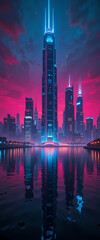 Fototapeta premium Glowing cityscape reflection on water at dusk for design or background