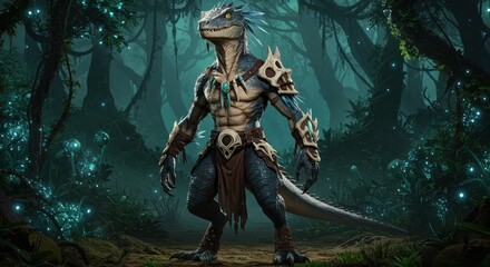 Lizard Warrior Standing in Mystic Forest with Armor and Decorations