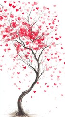 Artistic tree with red and pink heart leaves on white background, symbol of love and nature. Romantic illustration concept
