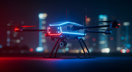 Futuristic Drone with Neon Lights at Night over City Skyline