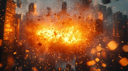 Fiery City Explosion Massive Debris Destruction