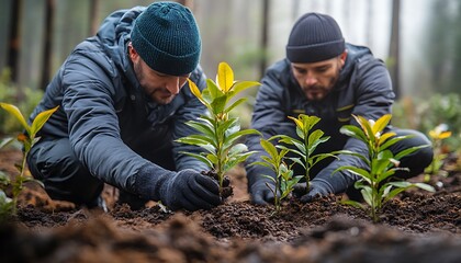 Two men planting trees in a forest