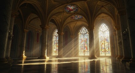 Naklejka premium Ornate Hall Interior with Stained Glass Windows and Sunlight Streaming in