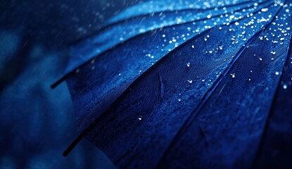 Dark Blue Umbrella in the Rain: Water Droplets, Gloomy Weather, Rainy Day Photography, Abstract Textures, Close-Up View, Atmospheric Mood, Deep Blue Hues,  Rainy Season,  Wet Surface,  Nature's Beauty