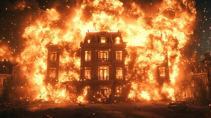 Enormous Flames Engulfing Grand Mansion During Nighttime