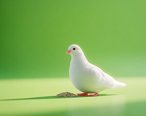 White dove eating seeds, green background, peace