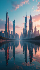 Obraz premium City buildings reflect in water, background sky at dusk. Business, travel use