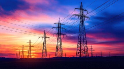 Fototapeta premium Electric Power Transmission Lines at Sunset