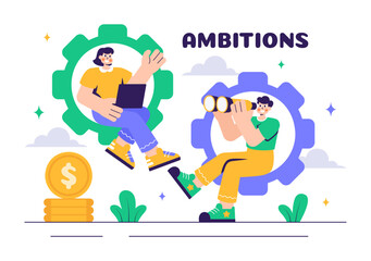 Ambitions Vector Illustration of an Entrepreneur Climbing the Ladder to Success for Career Growth and Achievements in a Flat Style Cartoon Background