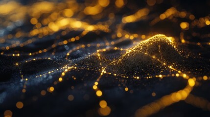 Abstract gold and black particle wave background.