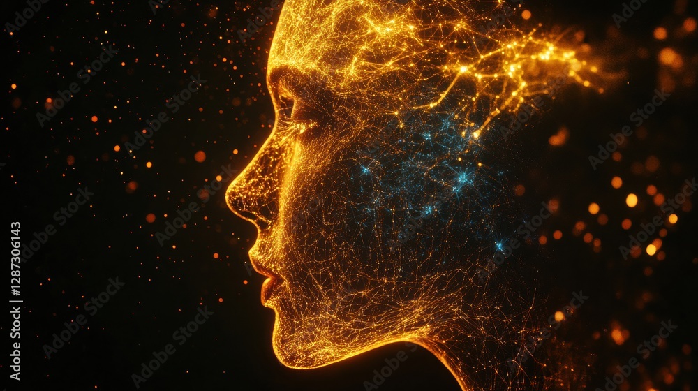 Aufkleber Human head silhouette with glowing synapses illustrates complex neural networks of artificial intelligence. Generative AI