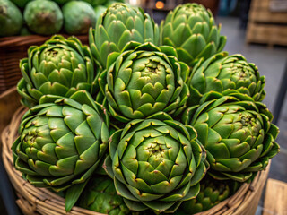 Fototapeta premium artichokes at the market. artichoke, vegetable, food, green, artichokes, market, fresh, healthy, plant, organic, vegetables, flower, isolated, diet, vegetarian, raw, leaf, leaves, white, produce, nutr