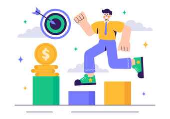 Ambitions Vector Illustration of an Entrepreneur Climbing the Ladder to Success for Career Growth and Achievements in a Flat Style Cartoon Background
