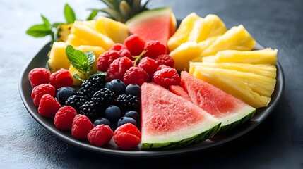 Colorful platter of fresh fruits including watermelon, pineapple, and berries arranged artistically