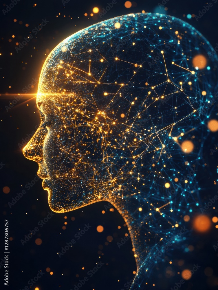 Aufkleber A human head profile, glowing synapses, and neural connections symbolize AI and cybernetic elements. Generative AI at work