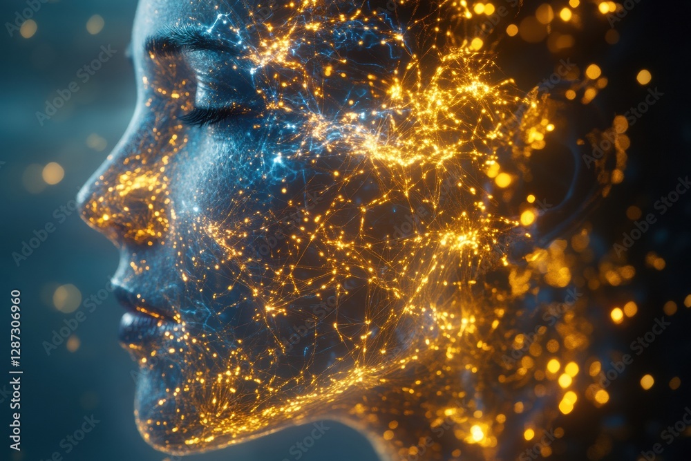 Poster Profile view of a human head with glowing synapses and complex neural connections representing artificial intelligence concepts. Generative AI
