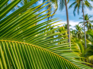 Fototapeta premium palm tree leaves. palm, tree, tropical, sky, leaf, nature, green, coconut, leaves, palm tree, beach, plant, summer, travel, vacation, island, trees, branch, frond, exotic, sun, paradise, foliage, blue