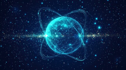 Obraz premium Futuristic glowing representation of an atom with intricate particle movements against a starry cosmic background