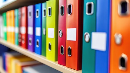 Colorful Office Folders Organized on Shelf: Efficient Filing System for Documents, Neat and Tidy Workspace, Rainbow Hues of Lever Arch Files,  Storage Solutions for Productivity.