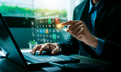 Event planner timetable agenda plan on a digital interface for 2025, managing schedules, appointments, reminders efficiently with smart technology for seamless organization and time management