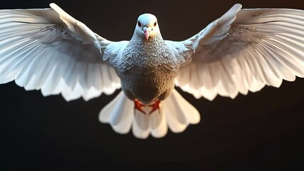 Powerful white dove in flight against a dark background