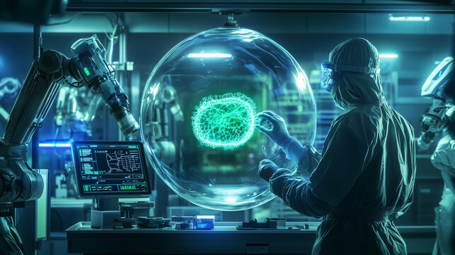 Scientist Using Robotics in Advanced Nanotechnology Research Lab with Holographic Virus Model