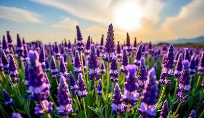Naklejka premium A serene twilight landscape unfolds, featuring a field of blooming lavender, its delicate purple flowers reaching towards a soft, pastel-colored sky.
