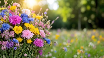 Colorful flower bouquet in a meadow, summer, outdoors, gift, beauty, image for a greeting card or website