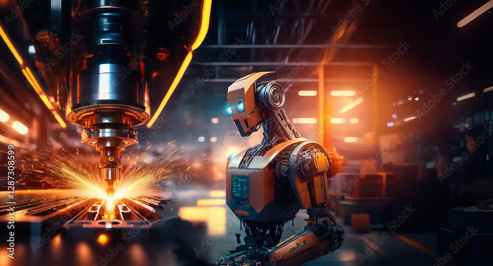 Aufkleber humanoid robot in an industrial factory setting, robotic arms visible in the background under bright