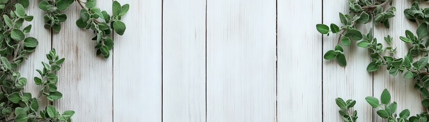 Fototapeta premium A serene arrangement of fresh green leaves on a light wooden background, creating a natural and calming aesthetic.
