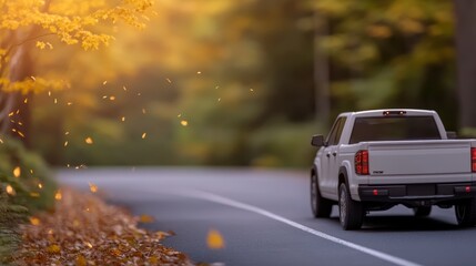 White Pickup Truck Driving on Scenic Road Surrounded by Colorful Autumn Leaves and Nature in Soft Focus