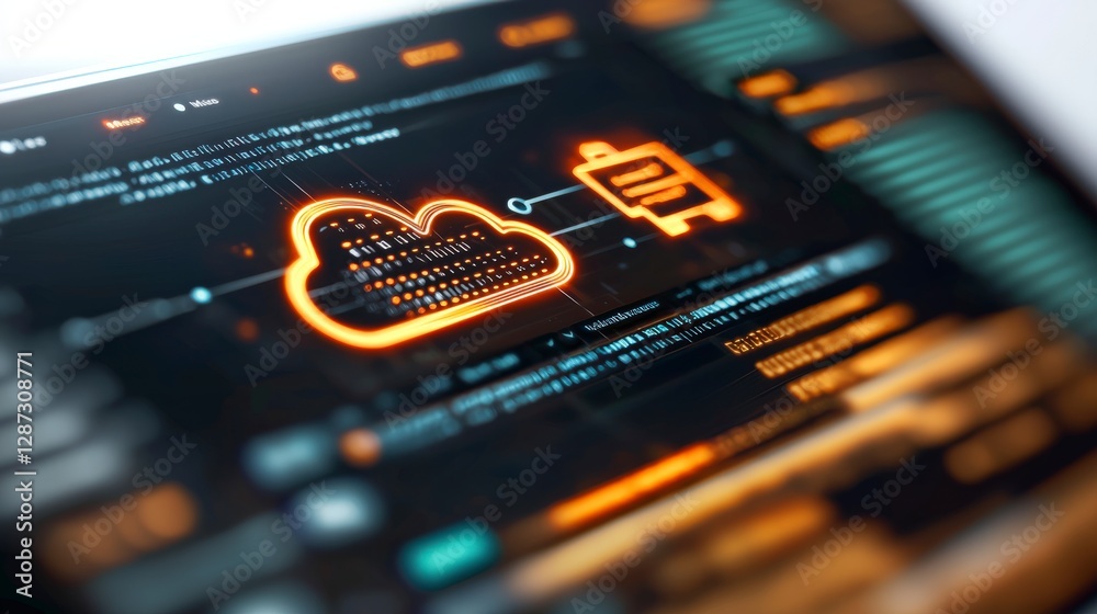 Poster futuristic digital cloud storage interface with data monitoring and battery icon on tablet screen di