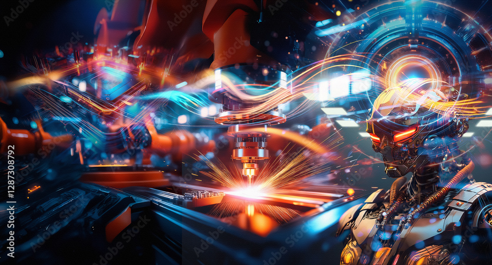 Aufkleber automated robotic arm precisely welds metal, creating bright sparks in a dark industrial setting, sh
