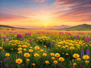Fototapeta premium field of flowers. field, sky, flower, meadow, nature, spring, landscape, summer, grass, flowers, yellow, green, sunflower, agriculture, blue, plant, sun, dandelion, rural, beautiful, sunny, blossom, c