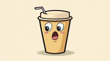 Obraz premium Cartoon coffee cup sipping from a tiny straw, looking surprised.