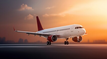 Obraz premium Bright Sunrise with a Jet Airplane on Runway Ready for Departure at the Airport with Beautiful Cloudy Sky