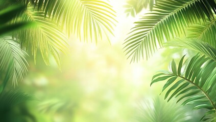 Fototapeta premium Lush Green Tropical Palm Leaves in Sunlight: A Vibrant Nature Background, Perfect for Relaxation and Serenity