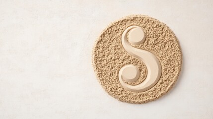 Intricate sandy emblem with stylized letter S on a clean white background emphasizing simplicity and elegance