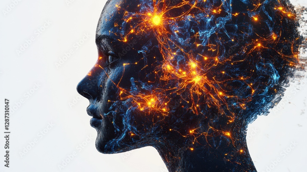 Aufkleber profile view of a human head with neural connections and glowing synapses showcasing cybernetic inte