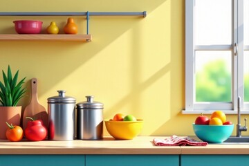 Sunny Kitchen Countertop Still Life with Colorful Produce and Utensils