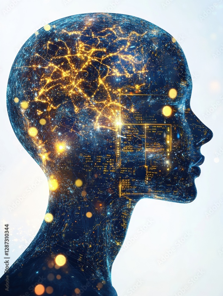 Poster Profile view of a human head illustrating intricate neural connections symbolizing artificial intelligence and cybernetics. Generative AI